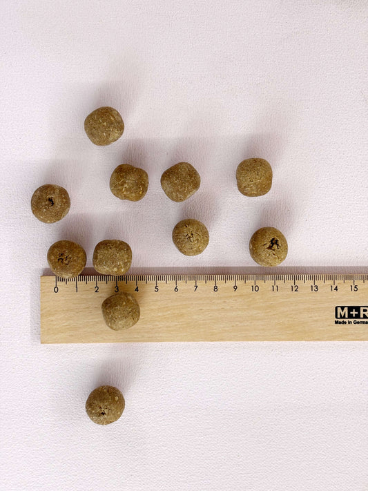Größenvergleich der Hundeleckerli "Geflügel Knabberkugeln" von Snackwerk mit Lineal bei Lottes Fellfreunde