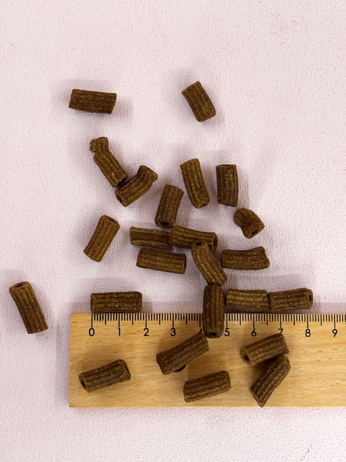 Größenvergleich der Hundeleckerli "Krabbel Nudeln" von Snackwerk mit Lineal bei Lottes Fellfreunde
