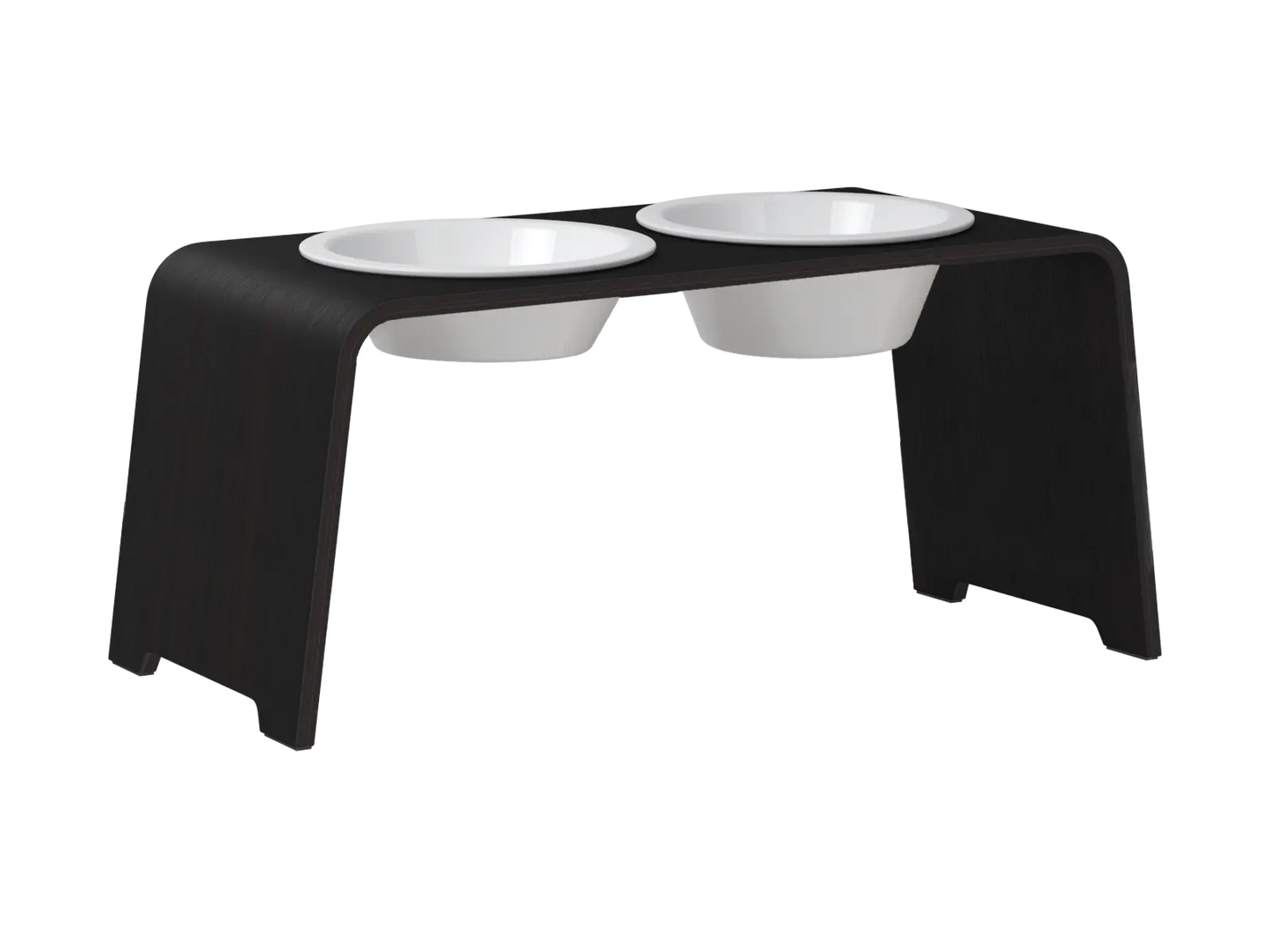 Exklusive dogBar M-Large in Eiche Dunkel mit zwei weißen Porzellannäpfen Comfort & Standard bei Lottes Fellfreunde Koblenz.
